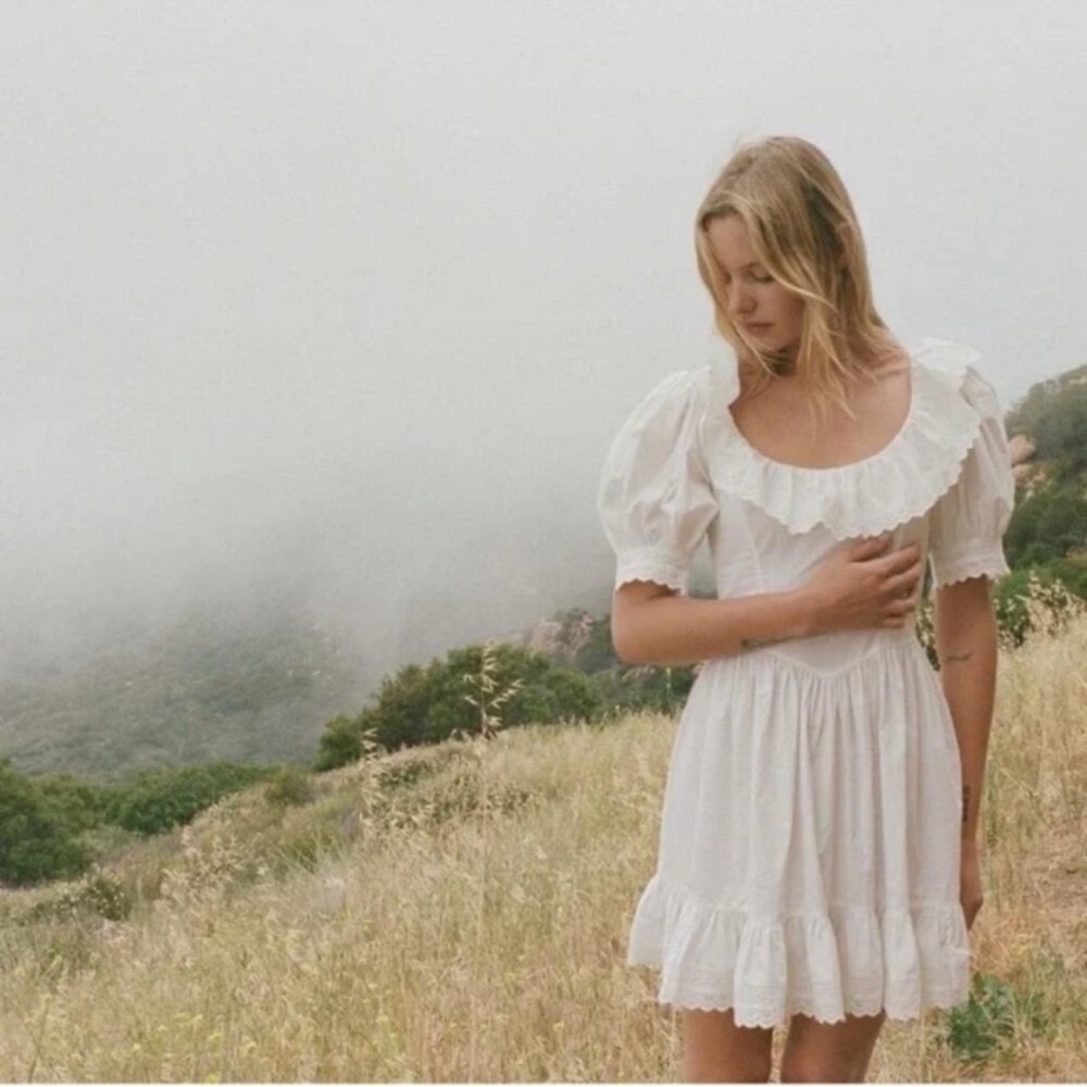 White Ruffle Mini Dress with Puff Sleeves - Picture 10 of 10